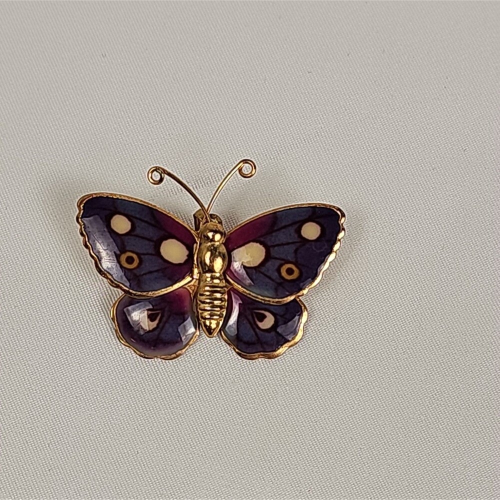 Vintage Purple Pink Enamel Butterfly Brooch Pendant Gold Tone